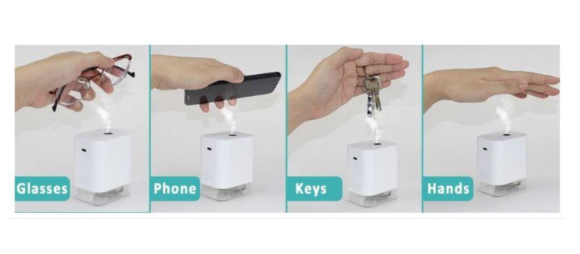 Hands-Free Disinfectant Sprayer spraying glasses, phone, keys and hand