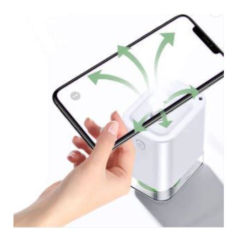 Hands-Free Disinfectant Sprayer spraying phone